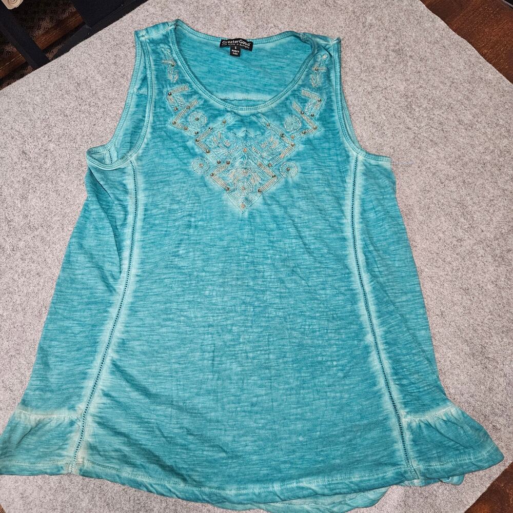 Greater Good Mineral Wash Turquoise Tank Small - Boho Sequined Embroidered